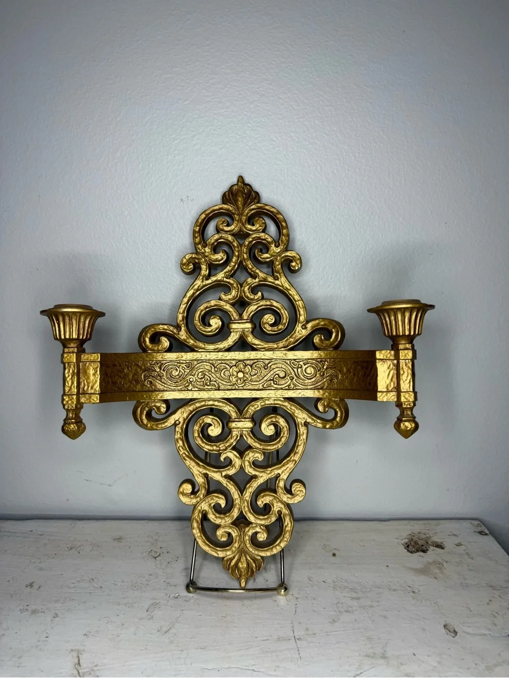 Vtg Gold Floral Scroll Double Wall Sconce by Syroco, 1969 Gold Plastic Candle Ho